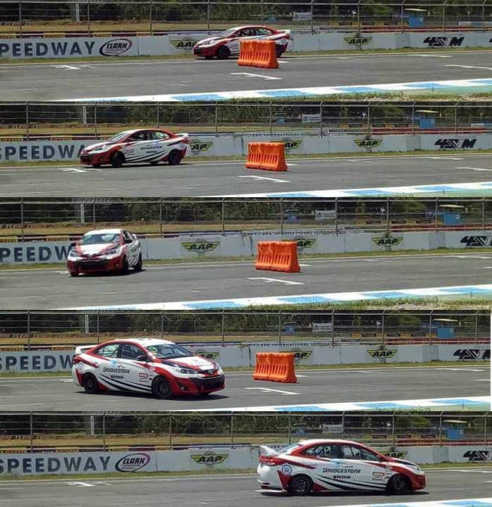 A media class driver tackles the same 360° turn using the racing Vios.