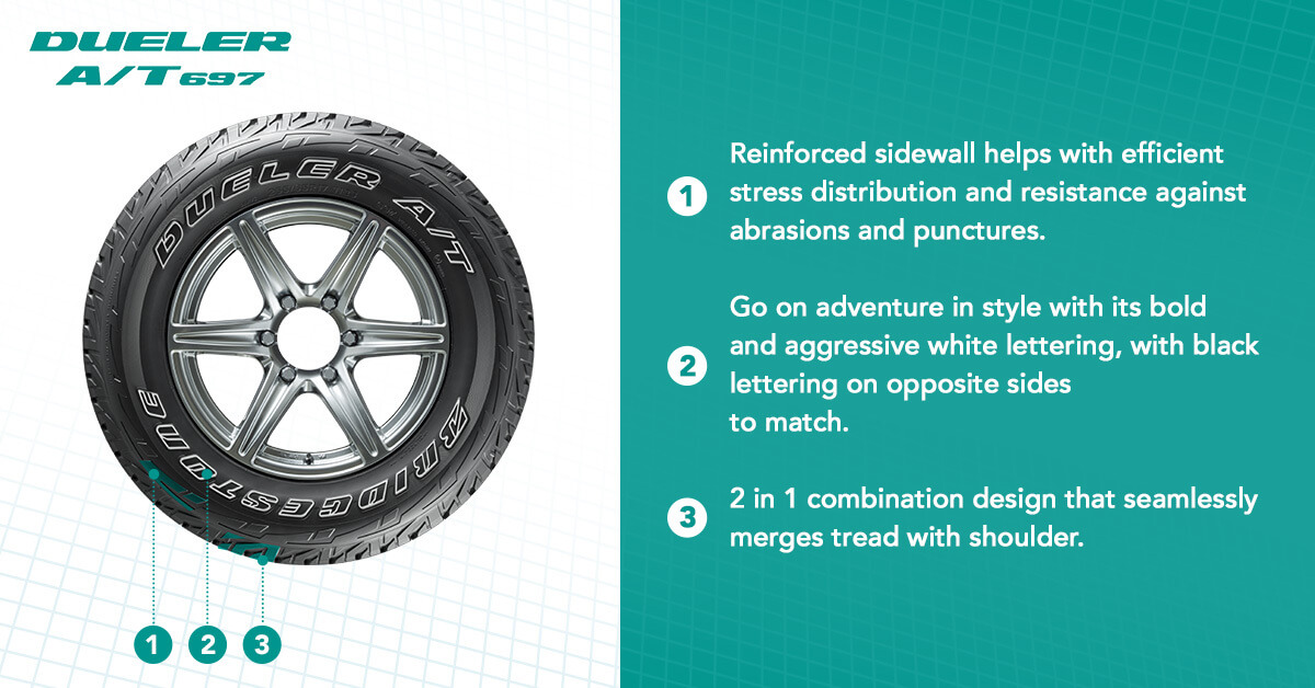 1. Reinforced sidewall helps with efficient stress distribution and resistance against abrasions and punctures. 2 Go on adventure in style with its bold and aggressive white lettering, with black lettering on opposite sides to match. 3. 2-in-1 combination design that seamlessly merges tread with shoulder